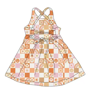 एक टुकड़ा कस्टम 230g कपड़े बैक क्रॉस स्कर्ट लड़कियों वसंत गर्मियों के twirl ड्रेस प्रिंटिंग ड्रेस फ्लेयर आस्तीन टी-शर्ट लड़कियों की पोशाक