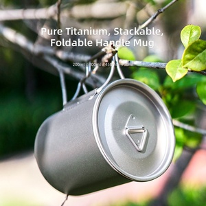 Enkelwandige beker van puur titanium met deksel, opvouwbaar handvat, hittebestendig, draagbare reis- en campingwaterset - Product Image 3