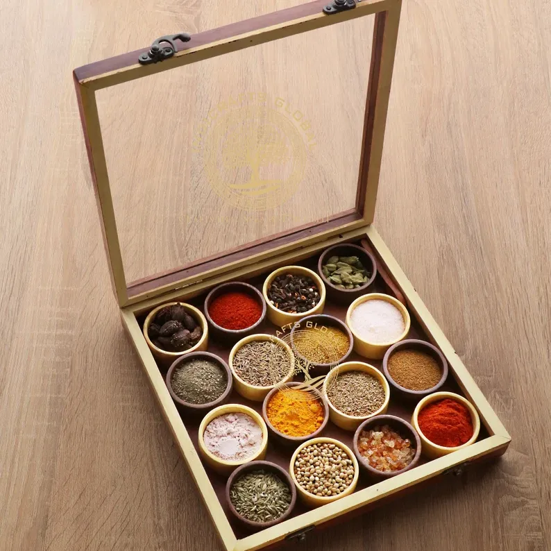 Wooden Handcrafted Spice Box Masala Dabba Dual Tone with 16 Round Compartments   Spoon Sheesham Wood Spice Box Set
