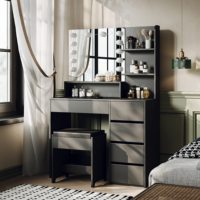 Modes d'éclairage réglables Bureau de coiffeuse à panneaux en bois avec 5 tiroirs Miroir LED Design moderne pour la préparation du maquillage dans la chambre à coucher