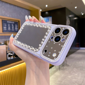Coque de téléphone pour femme avec perles et paillettes effet miroir pour iPhone 17 Air 16 15 14 Pro Max, avec perles de diamant et cadre d'appareil photo floral DIY, coque arrière pour filles - Product Image 5