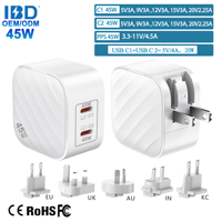 IBD Gan PD 45W Cargador rápido 2 tipo C en 1 20V Carga rápida Teléfono celular Laptop PD3.0 PPS QC4 QC3.0 SCP FCP Adaptadores de cargador de pared