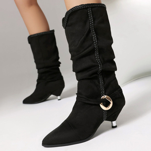 Big Size 46 Pleated Suede Ankle <b>Boots</b> Low Spike Heels Women Braid Shoes Pointy Toe Leopard Pattern Short Booties - Product Image 1