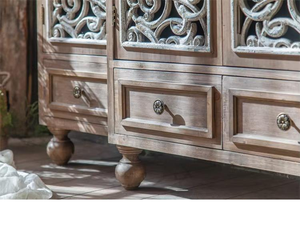 Farmhouse Inspired Wooden <b>Sideboard</b> Hand Carved With Decorative Motifs And Wide Storage Cabinets For Dining - Product Image 4