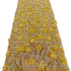 Afinidad buen precio bordado con cuentas amarillo francés tul lentejuelas tela de encaje para vestidos de novia
