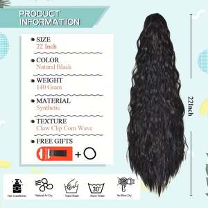 Cola de Caballo de Fibra Sintética Negra Natural de 22 Pulgadas, Resistente a Altas Temperaturas, con Diseño de Ondas de Maíz y Rizos Largos, para Mujeres y Niñas, Estilo con Pinza - Product Image 3