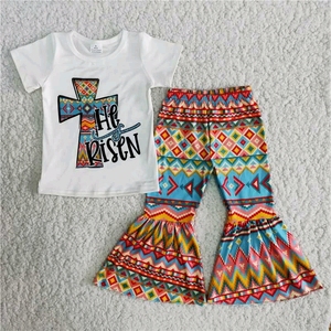 Haut court à imprimé lapin de Pâques et léopard, pantalon cloche, vente en gros, prêt à expédier, sans MOQ, vêtements pour bébés filles, vêtements pour enfants - Product Image 4