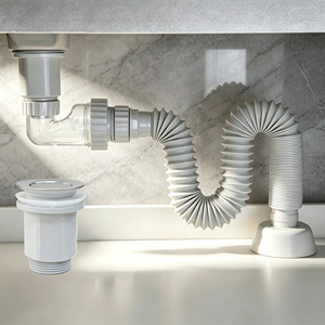 Kit de Sifón para Lavabo con Válvula de Descarga a Presión, Tapa de Acero Cepillado, Manguera Corrugada Extensible, Transparente y Anti-Reflujo para Baño - Product Image 2