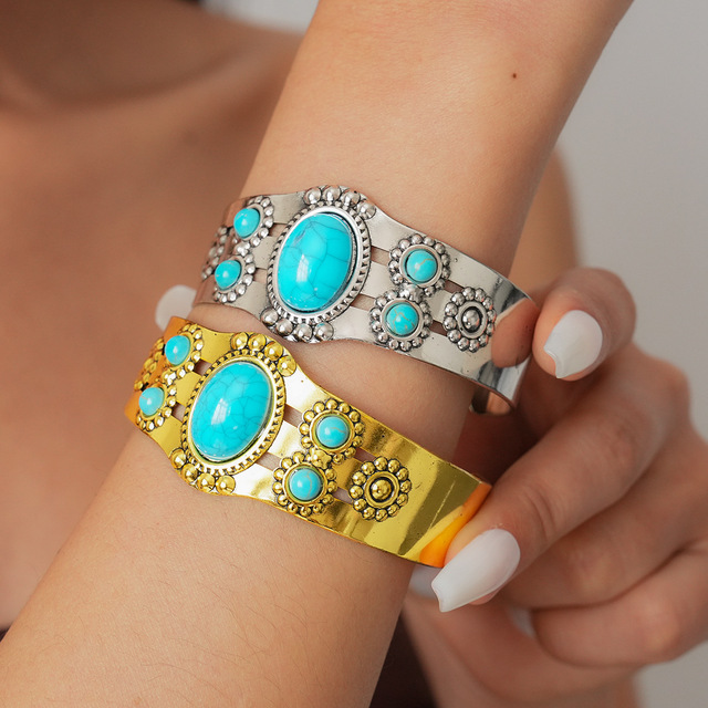New Design Vintage Bohemian Turquoise Natural Stone Bracelet Open Adjustable Gold Color Cuff Bangles