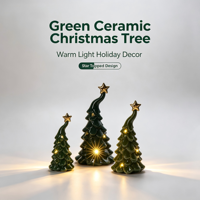 Sapin de Noël en céramique verte avec lumières LED et étoile sur le dessus, décoration de maison pour les fêtes