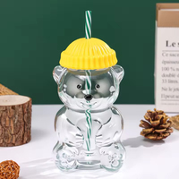 Vaso de vidrio de borosilicato alto con forma de oso, tapa con pajita y gorro, botella portátil para bebidas heladas, jugos y agua para niños, ideal para la vuelta al cole.