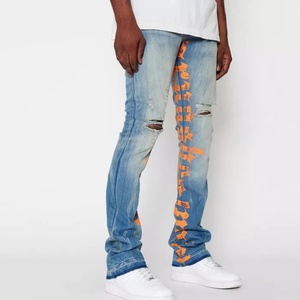 Pantalones Vaqueros Azules Casuales para Hombre, Personalizados con Letras Impresas, Ajustados, Desgastados, Estilo Stacked - Product Image 4
