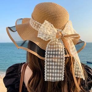Sombrero de Paja con Adorno de Encaje y Lazo, Sombrero de Playa Flexible para Mujer, Accesorio de Moda de Verano - Product Image 5