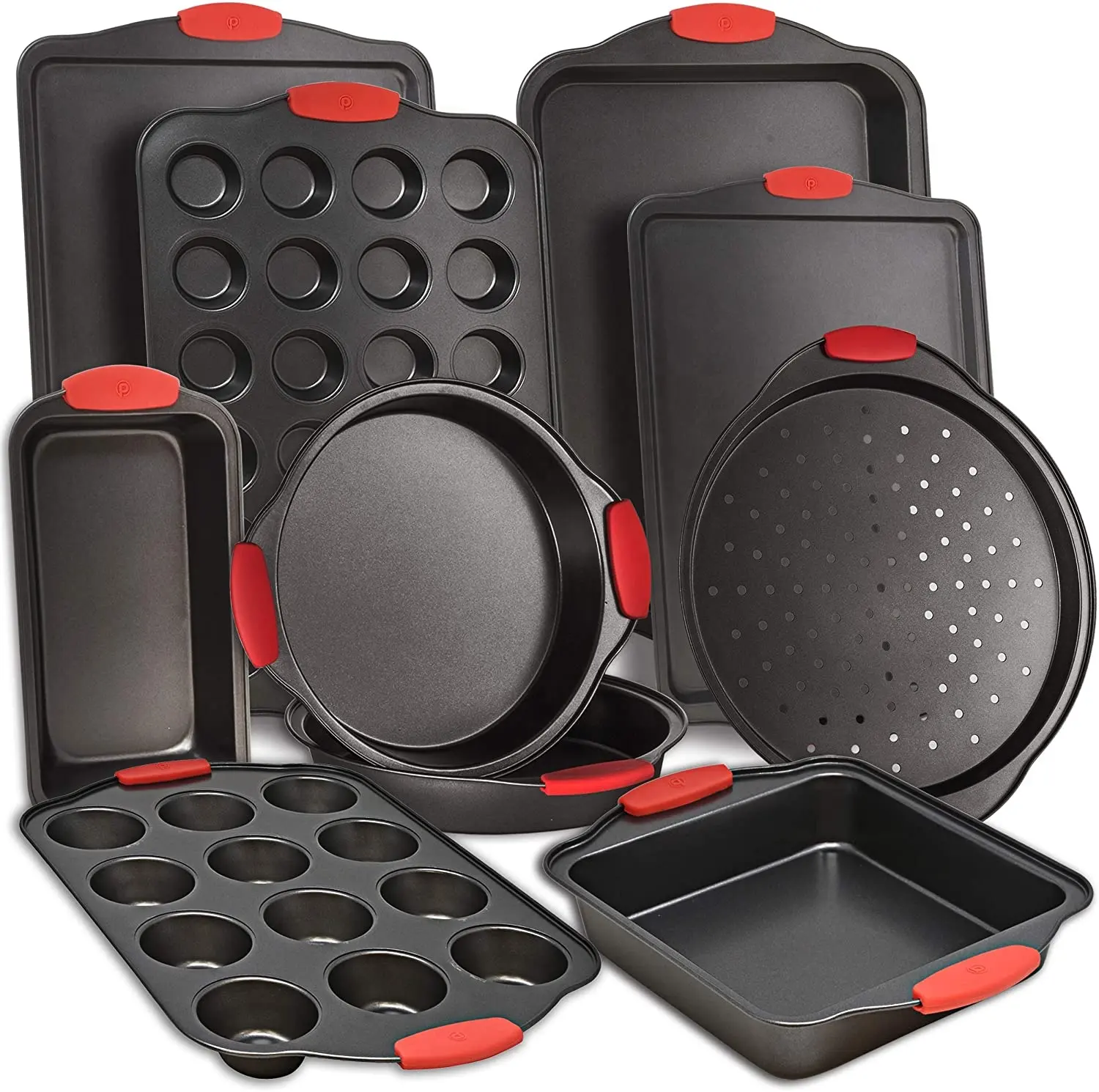 Amazon Hot Sale 10pc Bakeware Set with silicone handles baking pan baking sheet muffin pan pizza pan