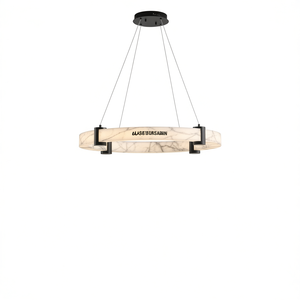 Suspension LED moderne 24 pouces, finition imitation marbre, anneau en fer noir, fixation au plafond, hauteur réglable, pour salle à manger ou îlot de cuisine - Product Image 1
