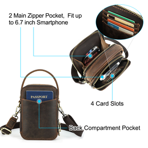 Sac de téléphone vintage en cuir Crazy Horse pour <span class=keywords><strong>homme</strong></span> avec sangle amovible, bandoulière, pochette multi-poches, compatible avec téléphone 6,7 pouces et passeport - Product Image 4