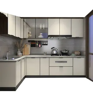 Móveis de cozinha luxuosos europeus modernos, armários de cozinha originais de madeira maciça, combinação de unidades de cozinha doméstica cinza, bege e marrom