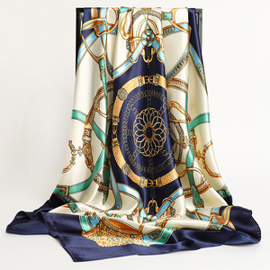 Foulards en soie pour <span class=keywords><strong>cheveux</strong></span>, écharpe en satin 90*90cm, imprimé printemps, grand carré, marque de luxe, foulards pour femmes, hijab, bandeau - Product Image 1