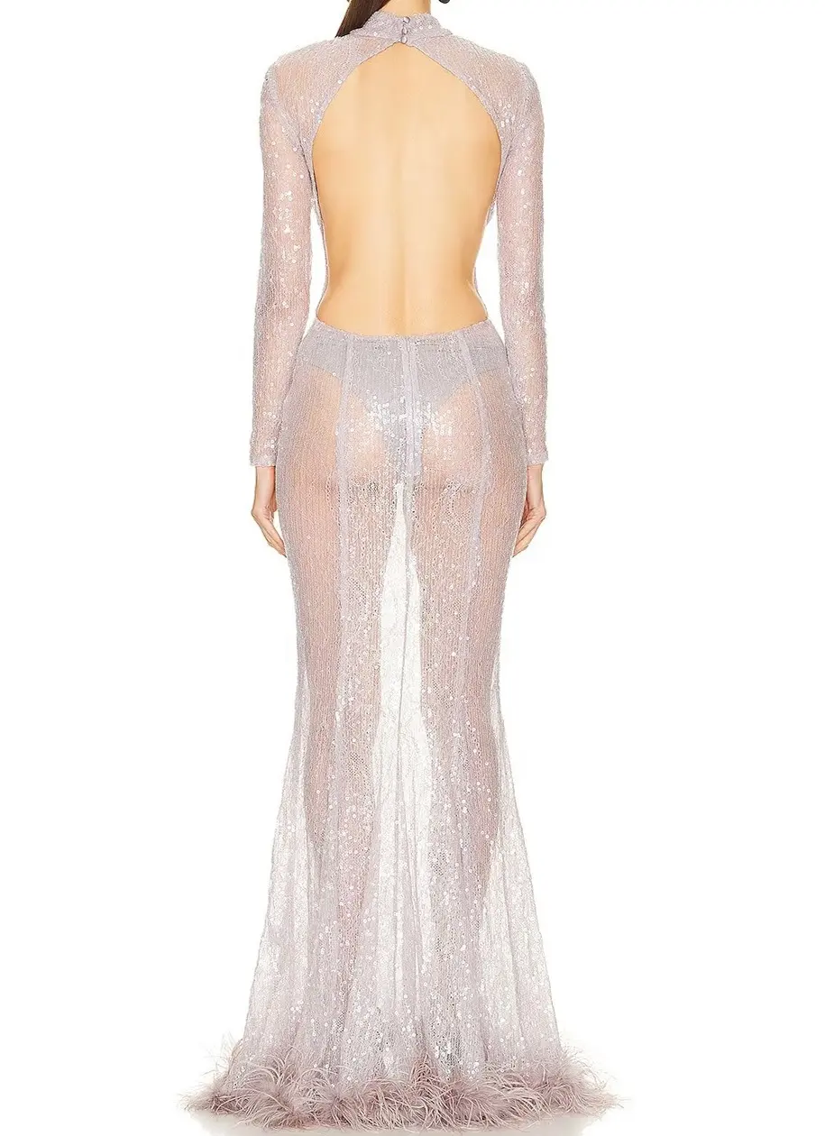 Custom Luxury Dress in Satellite See-Through Mock Neck Maxi Evening Dress for Women Including Underwear Briefs