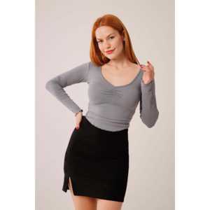 Blouse de base en gros, col large, gris, taille XL, formelle, coréenne, pour le bureau, la fête, automne, viscose et lin unis, avec logo - Product Image 6