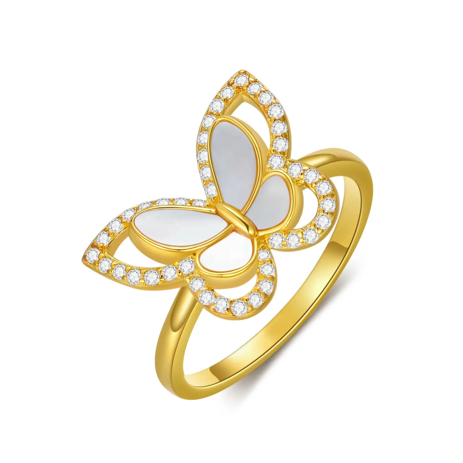 New Fashion Fine Gold Plated Jewelry 925 Sterling Sliver Butterfly Mother Of Pearl Finger Ring