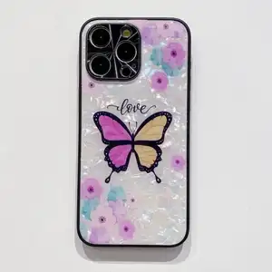 NEW High Quality Luxury Glass Print Pattern Butterfly Phone Case for iPhone 15 14 13 Pro Max Fashion Flowers Shell Cover