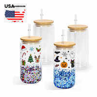 Gobelets à double paroi de 16 oz en forme de boule de neige, cadeau de Noël pour enfants, gobelets en verre pailleté avec couvercles et pailles, mugs à sublimation