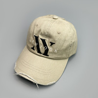 Casquette Dad Hat 5 panneaux unisexe NY New York brodée en 3D, effet vieilli, en toile beige, polyester/coton, style vintage, réglable avec fermeture snapback, modèle courant