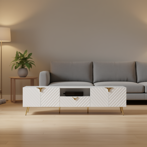 Mobile TV Gaines bianco lucido per TV da 65 pollici e oltre, mobile moderno da soggiorno con ripiano in MDF, montaggio a pavimento. - Product Image 2