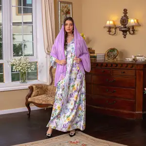 Hot selling flower print satin casual wear abhayas latest abaya muslim dresses dubai new muslim women dress