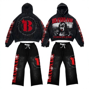 BRANDNAME STUDIOS ชุดวอร์มมีฮู้ดแบบ unisex ทรงปกติ กางเกงขายาวมีเชือกผูก เอวสม็อค สตรีทแวร์ สีดำพิมพ์ลายสีแดง สำหรับฤดูหนาว ผ้าฝ้าย 100% - Product Image 6