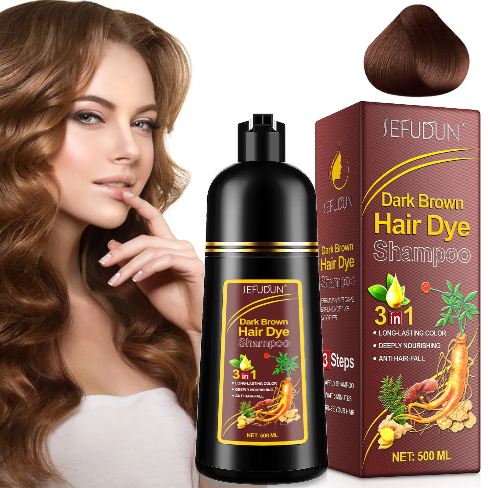 SEFUDUN private label natural plant bubble chinese herbal color shampoo hair dye 3 in 1 dark brown black hair dye shampoo