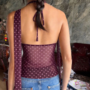 Haut à col licou imprimé à pois pour femmes, en maille transparente, sans manches, avec volants sur le devant et écharpe détachable pour le style Y2K - Product Image 5