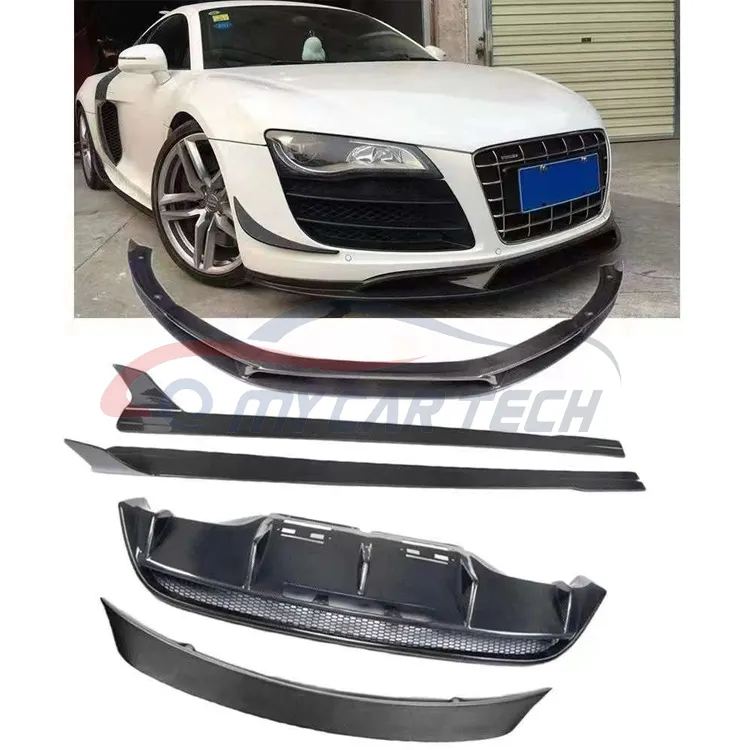 Untuk a-uar R8 serat karbon depan belakang bibir bumper sisi rok sayap mobil bodykit valance piece