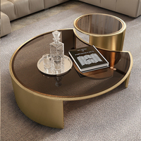 Ensemble de table basse en or luxueux, table basse moderne italienne haut de gamme avec plateau en verre, table basse ronde design pour salon