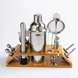 Hot Sale Engraved Bar Tools Cocktail Shaker Set Bartender Kit With Bamboo Stand