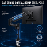 Support de bureau à bras unique avec ressort à gaz et colonne centrale de 360 mm, support entièrement articulé pour écran de 13 à 32 pouces VESA