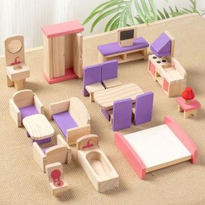 Boys Girls Pretend Play Toy Gift <b>Doll</b> House <b>Accessories</b> Wooden Miniature Dollhouse Furniture Set With 4 Family <b>Dolls</b> - Product Image 2