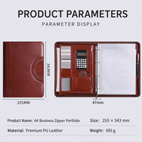 Porte-documents portable en cuir A4 personnalisé avec fermeture éclair, classeur à 3 anneaux avec calculatrice et presse-papiers, marron avec logo, pour réunions d'affaires