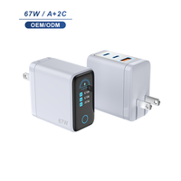 Chargeur rapide GaN 67W avec écran LCD, chargeur mural USB C 3 ports, interrupteur tactile, prise pliable US, adaptateur de voyage pour ordinateur portable et téléphone