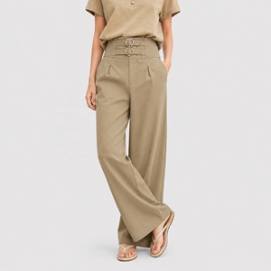 Khaki Wide Leg <strong>Suit</strong> Pants Women High Waisted Heart Buckle Detail Elegant Career <strong>Trousers</strong> Chic Pantalon Femme - Product Image 3