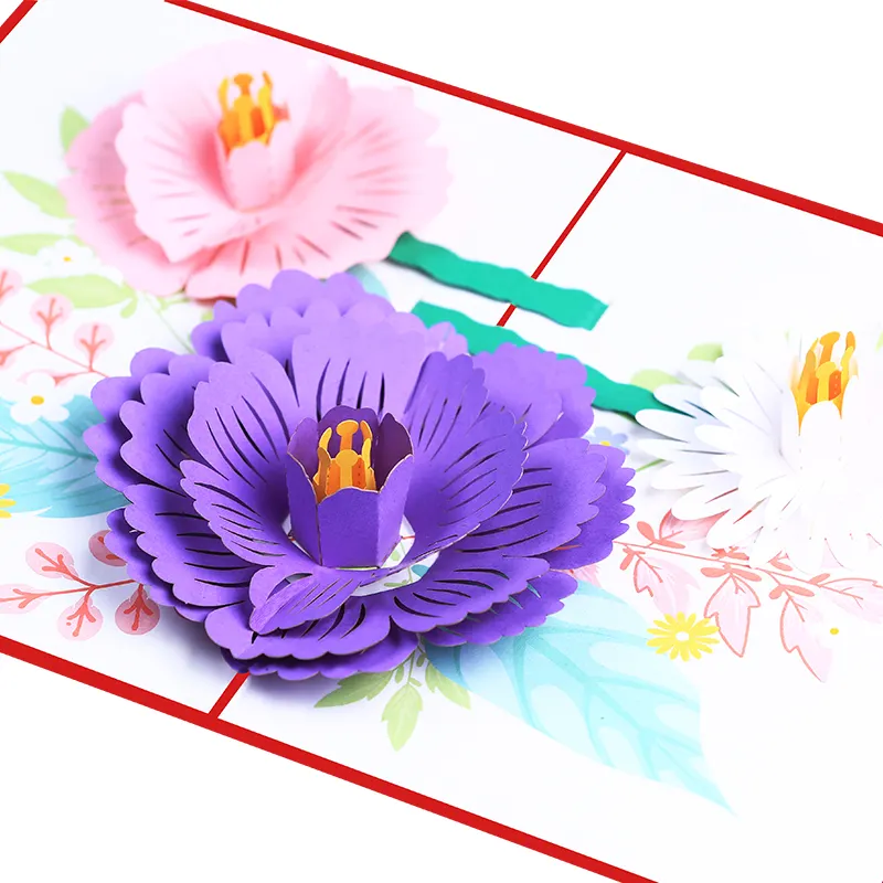 New Design Premium Flower Bouquet 3D Pop Up Thank You Best Wishes Card Peony Pop-up Greeting Card with Envelope