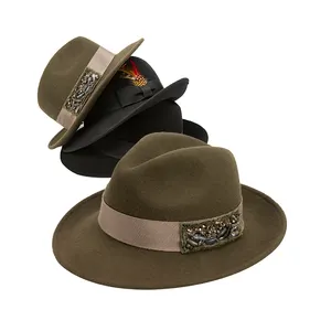 Linglong หมวกเชิ๊ต Fedora ของผู้ชาย,หมวกเชิร์ชวินเทจผ้าวูล100% มีริบบิ้นสีดำบุผ้าซาตินซับในปานามา