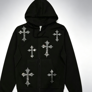 Vente en gros usine : Sweat à capuche zippé pour homme, coupe oversize, noir, avec transfert de strass en croix et cristaux effet diamant, style streetwear - Product Image 1