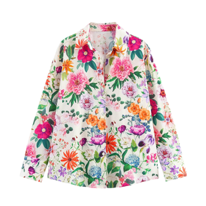Blusa Informal Vintage de Manga Larga con Cuello Camisero, Estampado Floral y Botones para Mujer, Primavera/Verano/Otoño - Product Image 1