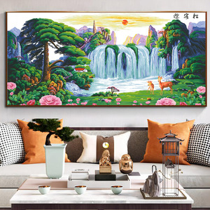 Pintura de punto de cruz DIY de gran tamaño: Cascada <span class=keywords><strong>y</strong></span> lago montañoso, paisaje natural, árboles, animales del bosque, arte en lienzo. - Product Image 4
