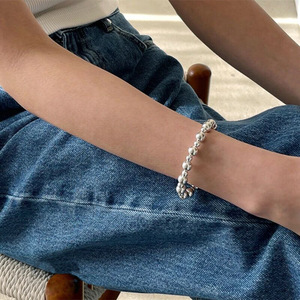 S925 Sterling Silver Round <b>Bead</b> <b>Bracelet</b> Elastic Cord Women's Simple Layered Jewelry Everyday Wear - Product Image 2