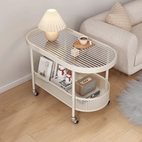 Table d'appoint ovale moderne en verre trempé à double niveau pour maison mobile, chariot roulant pour canapé avec panier de rangement