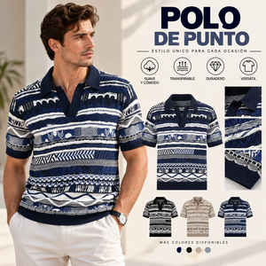 Suéter Polo de Punto Jacquard, Manga Corta, Cuello Abierto, Diseño Geométrico Retro para Hombre, Fabricante de Prendas de Punto Personalizadas - Product Image 1