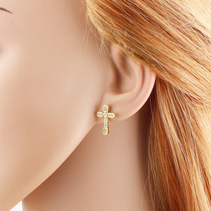 Juego de Aretes Pequeños con Cruz de Ángel, Latón Chapado <span class=keywords><strong>en</strong></span> Oro de 18k, Circonita Cúbica, Aretes Religiosos de Moda para Mujeres y Niñas - Product Image 3